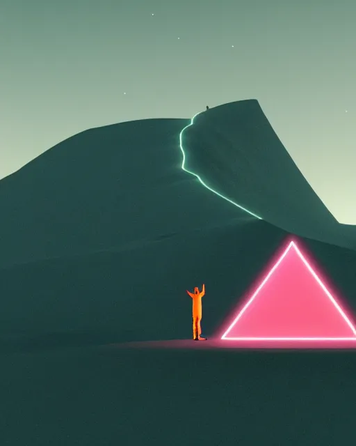 Image similar to a man standing in the middle of a mountain with a glowy neon triangle, a render by filip hodas, behance contest winner, environmental art, rendered in cinema 4 d, volumetric lighting