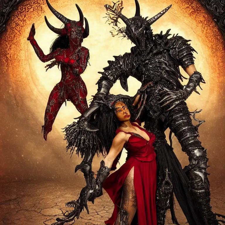 Image similar to black man and a female devil in red dress with horns are dancing together, in Dark souls and elden ring style, insanely detailed and intricate, golden ratio, hypermaximalist, elegant, ornate, luxury, elite, ominous, haunting, matte painting, cinematic, cgsociety, James jean, Brian froud, ross tran, Laputa, photorealism