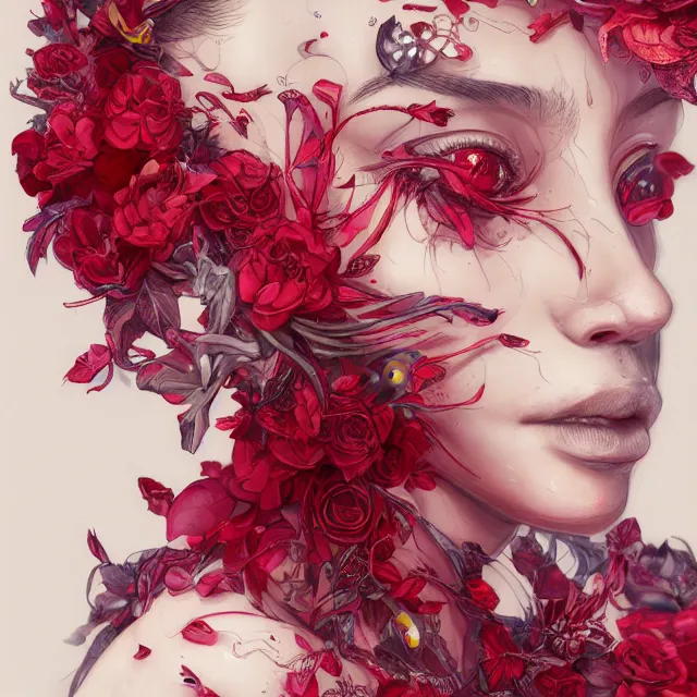 Image similar to studio portrait absurdly beautiful, elegant, graceful, young hypercolorful sensual gravure idol rubies and red petals, ultrafine hyperrealistic detailed face illustration by kim jung gi, irakli nadar, intricate linework, sharp focus, bright colors, matte, octopath traveler, final fantasy, unreal engine highly rendered, global illumination, radiant light, intricate environment