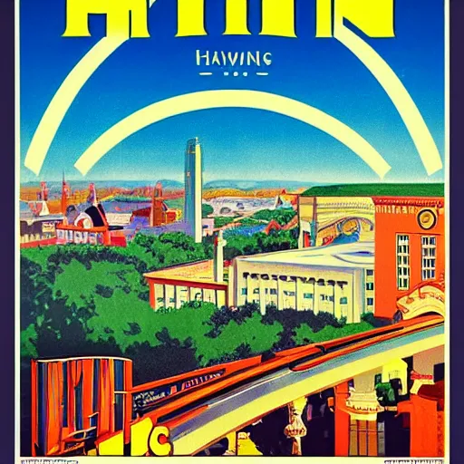 Prompt: vintage travel poster of hawkins indiana, colorful, bright, high definition