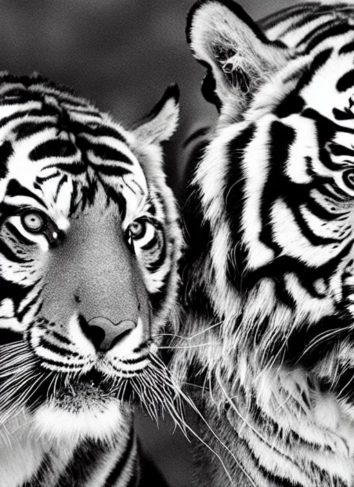 Image similar to two tigers black and white portrait white sky in background