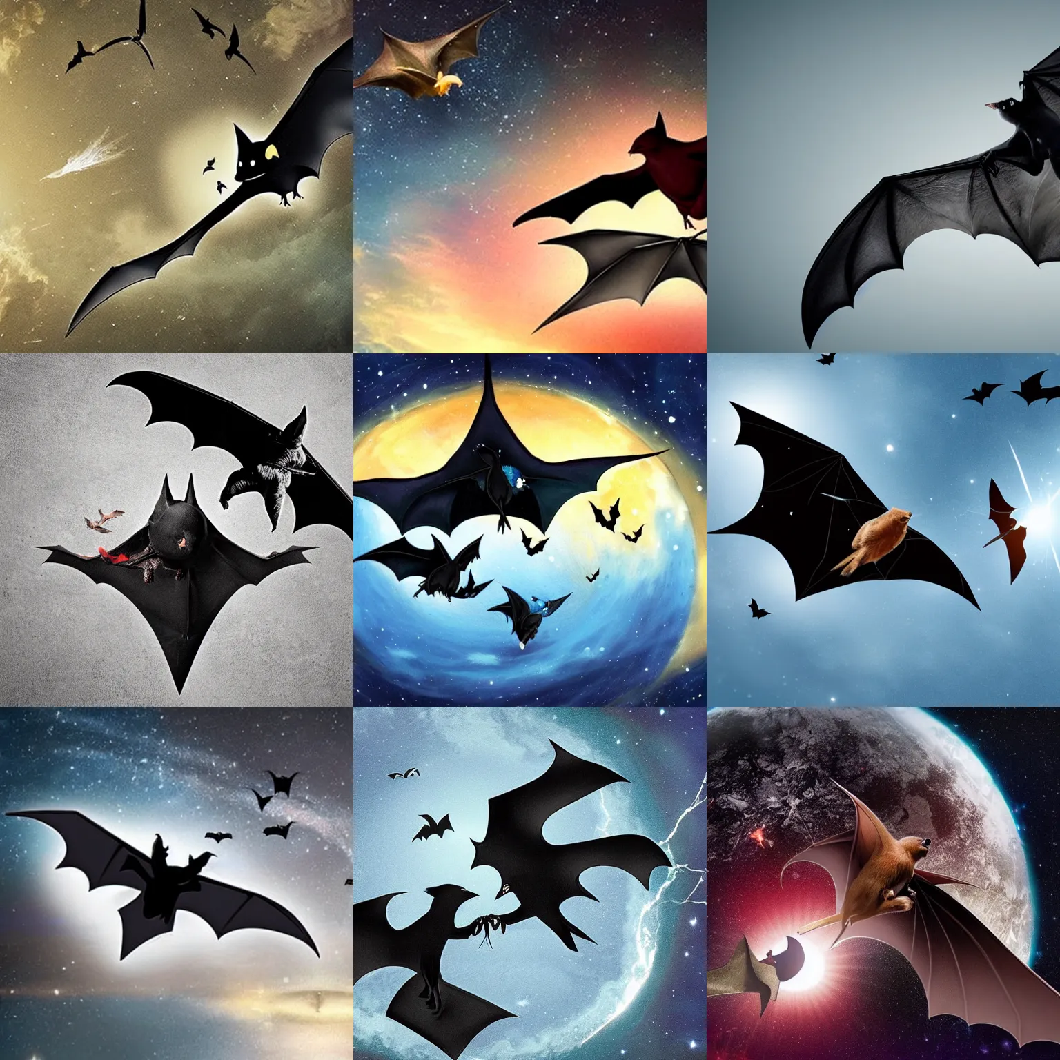 Prompt: a bat and a bird colliding in the air, causing the end of the universe, realistic