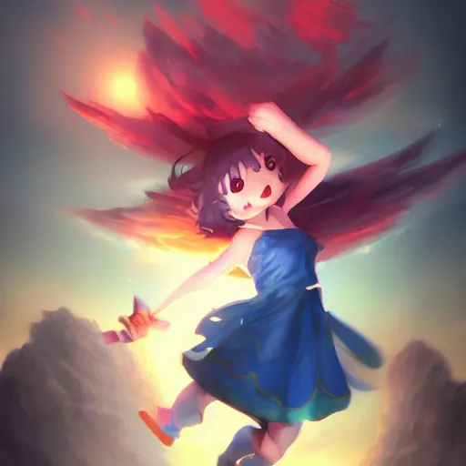 Image similar to cirno from touhou flying, matte painting by ross tran, artstation