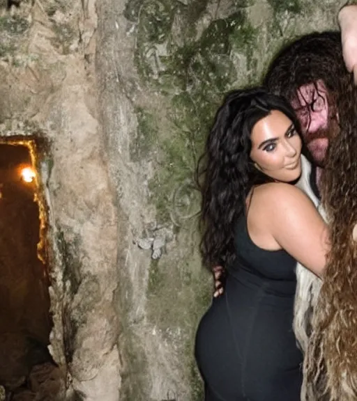 Prompt: hagrid hugging kim kardashian as he holds her waist, in a derelict grotto