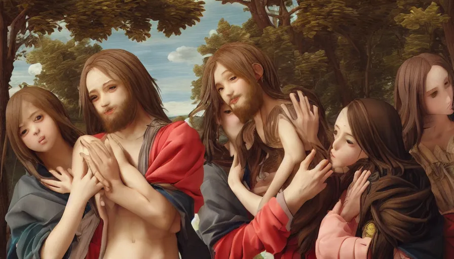 Image similar to jesus christ our lord being carried by cute lightly dressed anime girls, photorealistic, anime, mini skirt, long hair, renaissance painting, hyper real, detailed, wide angle shot, ultra detailed