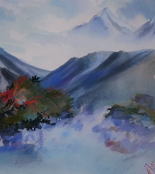 Prompt: painting of mountains by yun shouping