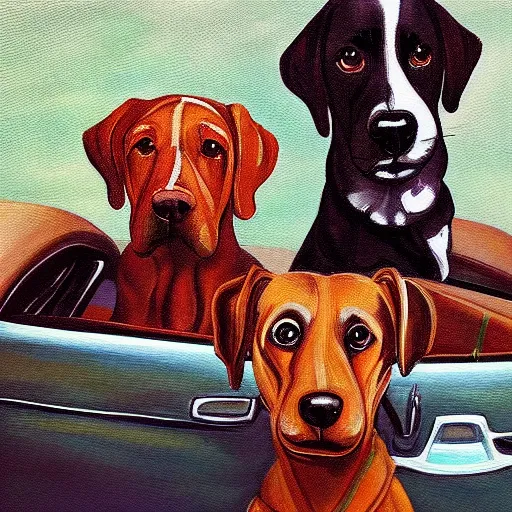 Image similar to “a painting by ducio of a three dogs in a car, highly detailed, trending on art station, 4k”