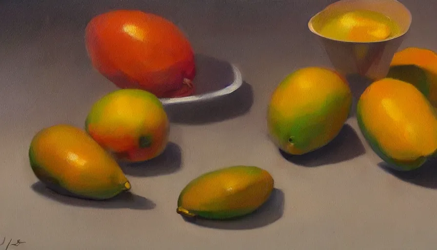 Image similar to still life, mangos, oil painting by jama jurabaev, brush hard, artstation, high quality, brush stroke