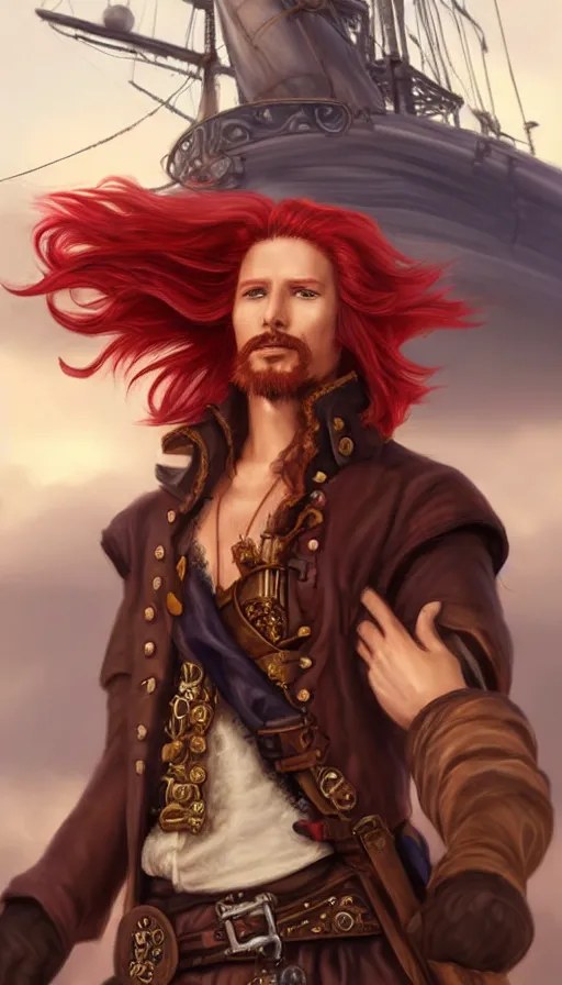 Image similar to portrait of a male pirate with flowing red hair!!!!!!, airship in the background!!!!!!, lean body!!, Steampunk!!!!!!!, D&D, fantasy, simple clothing!!!!, elegant, highly detailed, digital painting, artstation, concept art, sharp focus, illustration, art by Artgerm and Greg Rutkowski and Alphonse Mucha