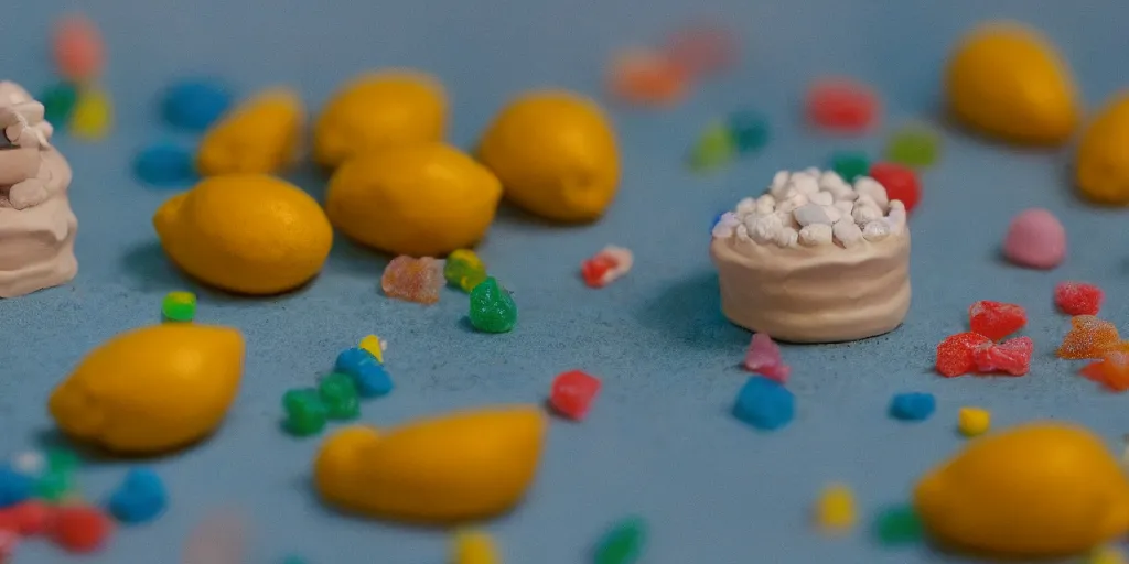 Image similar to a cinematic film still of a claymation stop motion film about a town made of lemons and candy, shallow depth of field, 8 0 mm, f 1. 8