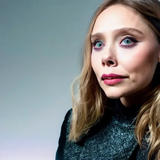 Image similar to elizabeth olsen, hands on her face posing for the camera, neon lighting, closeup!!!!!!, macro!!!!!!, 3 5 mm!!!!!! lens, comprehensive art, neon!!!!!! atmosphere, intricately detailed, indistinguishably unique, 4 k, 8 k, detailed facial features