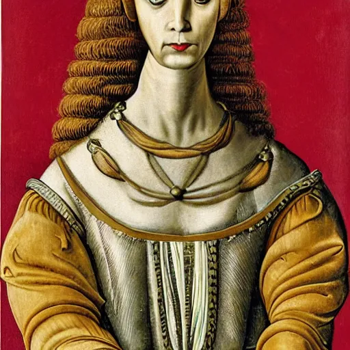 Image similar to portrait of an anthropomorphic velociraptor, dressed as an italian queen, sandro bottecelli, 1 5 0 0