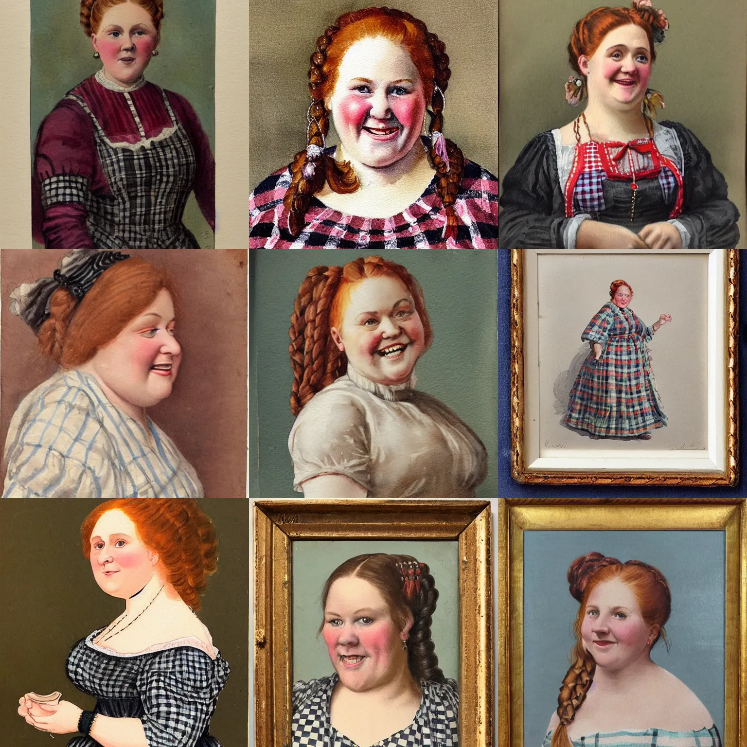 Prompt: portrait of a mid 1 9 th century, austro - hungarian, old, cheerful!!!, smiling, plump woman in a checkered dress, ( redhead, amy schumer mixed with melissa mccarthy - with two braids ). watercolour, miniature portrait painting by karl mahlknecht