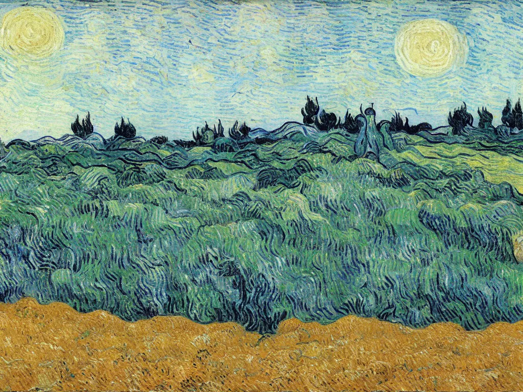 Prompt: wheat field with cypresses, by van gogh but in the style of tim burton, teal and pink