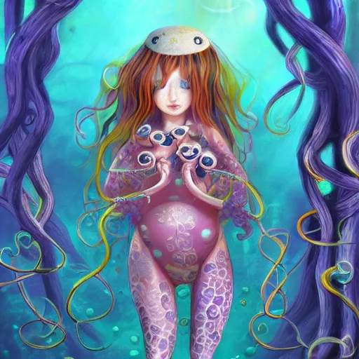 Image similar to octopus priestess in pajamas, underwater, fantasy, digital painting, pixiv