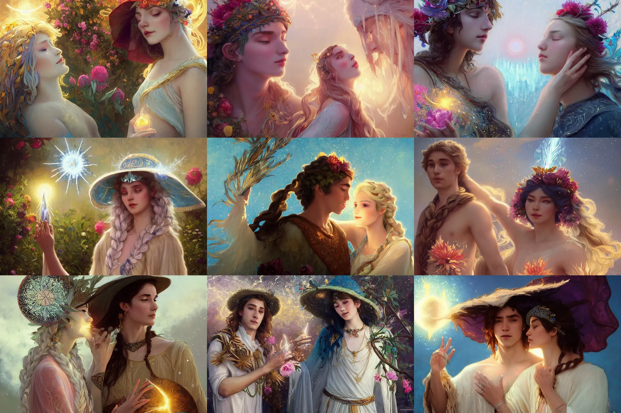 Prompt: a cinematic beautifully close up moment of a young sun god and moon goddess magician lovers saying goodbye wearing boho sunhat with peonies casting lightening spells, Frozen Klaus film, elegant, digital painting, artstation, concept art, smooth, sharp focus, illustration, Frozen II art masterpiece by art by Krenz Cushart, Artem Demura, alphonse mucha, ArtGerm, Jon Lothian, Danilo Torres, Adi Meyers, Thomas Reimann, Gaston Bussiere