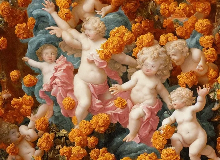 Prompt: cheeto's, extremely detailed, cheeto's surrounded by flowers and cherubs, a baroque painting, rococo style