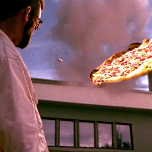 Image similar to walter white throwing a pizza onto the roof of a house, film still, wide shot, beautiful, ethereal, mythical