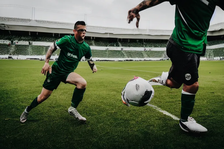 Prompt: a epic shot of a pig - man using palmeiras soccer team t - shirt in the middle of the soccer field, realistic, dlsr photo, high quality