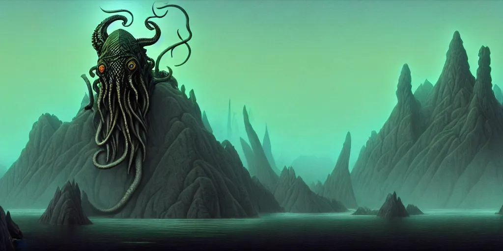 Image similar to highly detailed fantasy art of cthulhu, dagon in a surreal landscape filled with mountains and mist, diffuse lighting, fog, muted colors, by roger dean, kilian eng. mœbius