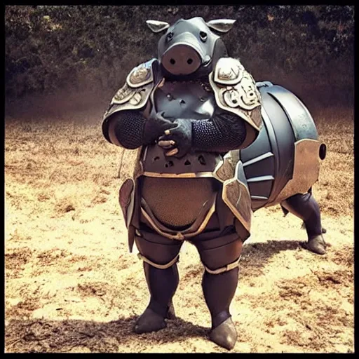 Prompt: mascular pig flexing his armor, profile pic