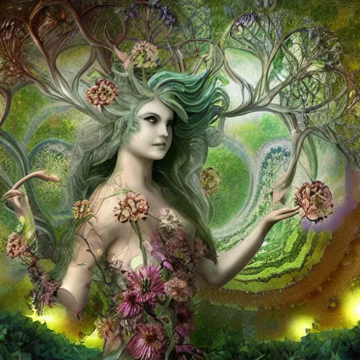 Image similar to an idealistic marble statue with fractal flowery hair in a fractal garden, glowing delicate flower and mushrooms that grow in a dark fatansy forest on the planet Pandora,, symmetrical,