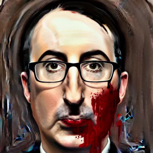 Prompt: Facial portrait. John Oliver, looking at the camera, disgusted. fear inspiring mood, intimidating. extremely detailed painting in pencil and blood on canvas. by Greg Rutkowski and by Henry Justice Ford and by Steve Henderson.