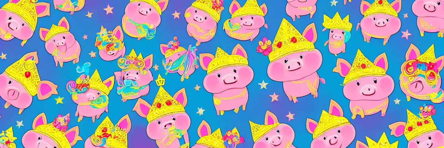 Prompt: illustration of cute pigs wearing gold crowns and rainbows digital art wallpaper by lisa frank, intricate illustration