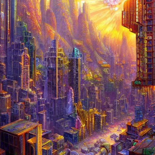 Image similar to gemstone crystal city, city made of bismuth cryengine render by android jones, james christensen, rob gonsalves, leonid afremov and tim white