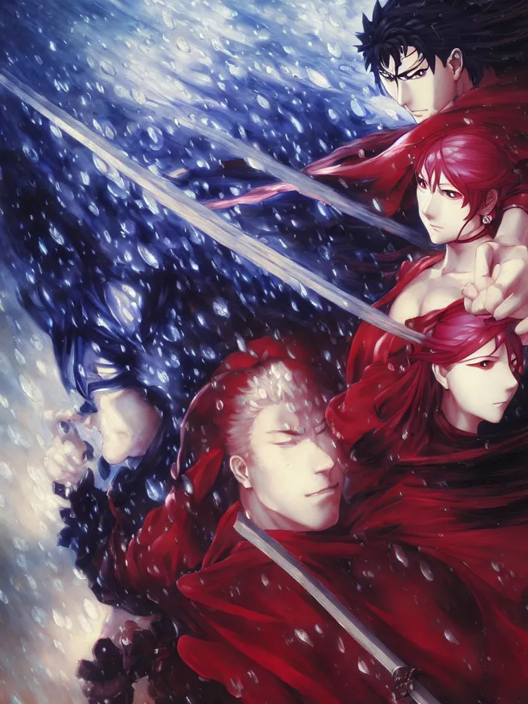 Image similar to baroque oil painting of kunoichi, rain, painting by makoto shinkai takashi takeuchi yoshiyuki sadamoto wlop and artgerm, fate stay night