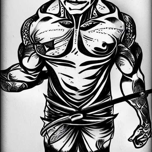 Prompt: muscular bald man, tattooed body, sword in hands, HD, anime style,