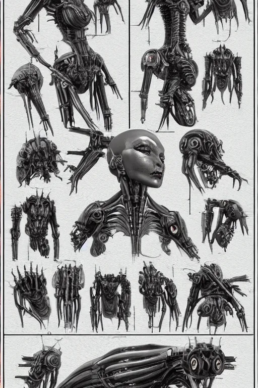 Image similar to she devil with gunmetal grey skin, medical anatomy, very symmetrical face, highly detailed, mecha, three - perspective / three - view reference sheet ( front / back / side ), in the style of dan ouellette, hr giger, sil from species, dren from splice, biomechanical, artstation, unreal engine