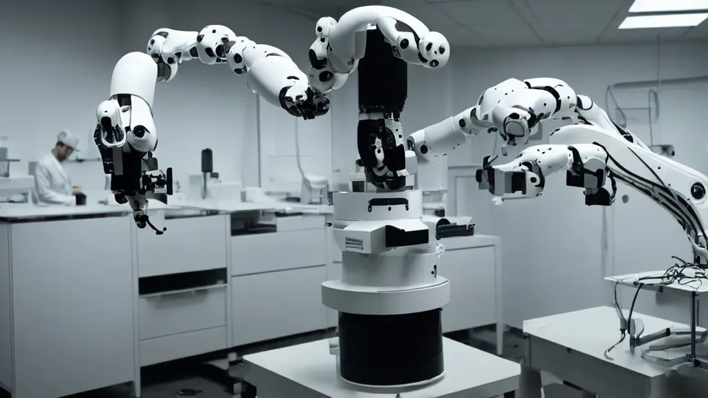 Image similar to a complex bifurcated robotic cnc surgical arm hybrid mri 3 d printer machine making black and white ceramic mutant forms in the laboratory inspection room, film still from the movie directed by denis villeneuve with art direction by salvador dali, wide lens