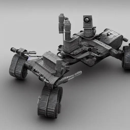 Prompt: small cyberpunk robot rover, 3 d render, post - processing, award winning, detaailed, 8 k