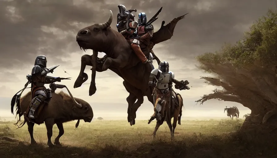 Image similar to mandalorian riding a buffalo, madagascar with baobabs trees in the background, animals chasing, action scene, an epic fantasy, artgerm and greg rutkowski and alphonse mucha, an epic fantasy, volumetric light, detailed, establishing shot, cinematic, photorealistic, hyper detailed, ultra realistic, trending on art station, octane render, midsommar