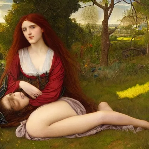 Prompt: a romantic pre-raphaelite painting of Grimes in nature