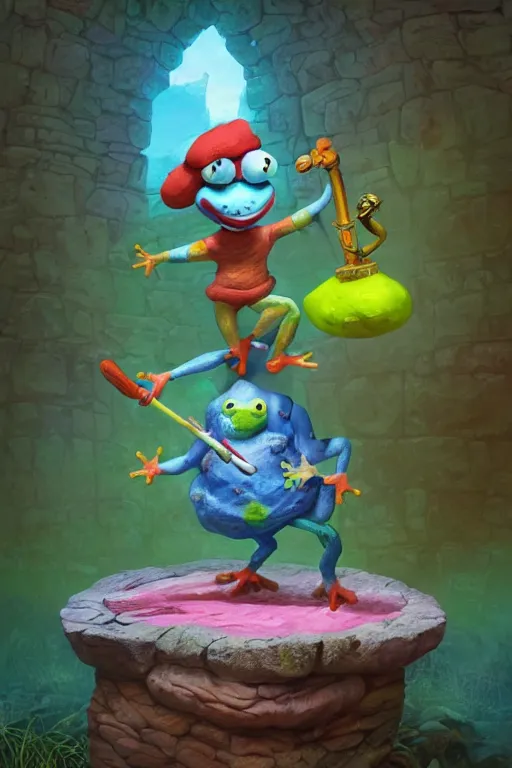 Prompt: clown frog king pulls the sword from the stone, artwork by Todd Schorr, 3D rendering by Beeple