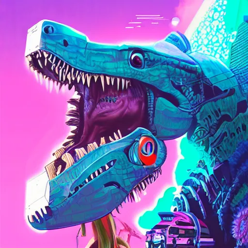 Image similar to Lofi vaporwave cyberpunk portrait dinosaur, Pixar style, Tristan Eaton, Stanley Artgerm, Tom Bagshaw