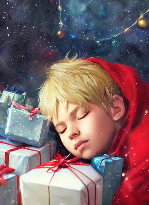 Prompt: four year old boy with short blonde hair, asleep at christmas. surrounded by gifts. high quality detailed face. beautiful painting by artgerm and greg rutkowski and lois van baarle