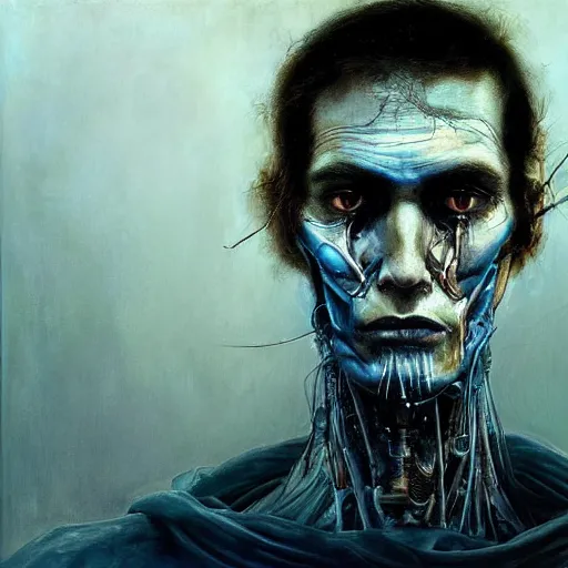 Image similar to surreal portrait of a man by Greg Rutkowski and H.R Giger, he is about 30 years old, messy long black hair, tired appearance, roman nose, peaceful but sad and resigned expression, martyred as a biomechanical transhuman cyborg god, eyes glow electric blue, cosmic void background, frightening, fascinating, highly detailed portrait, digital painting, book cover, artstation, concept art, smooth, sharp foccus ilustration, Artstation HQ.