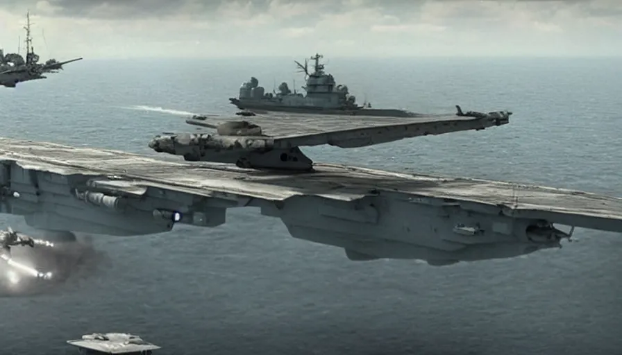 Image similar to big budget movie about a world war 2 spaceship battle using aircraft carriers