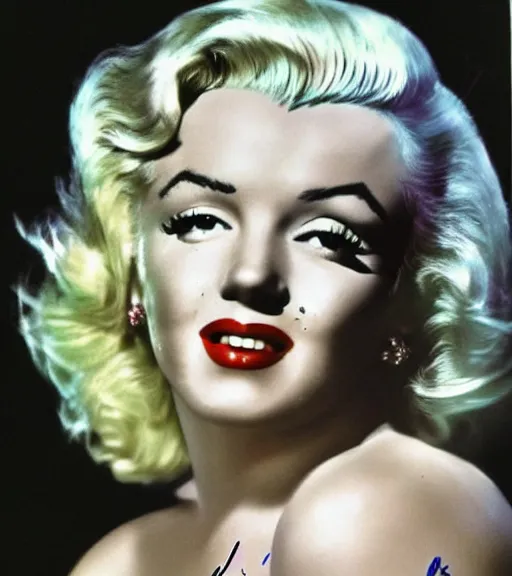 Prompt: 1950 autographed picture of Marilyn Monroe in color