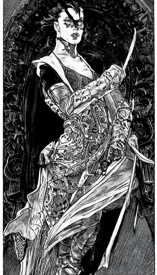 Prompt: a black and white ink fine ink drawing of a thief, from of thrones, in leather armor, fibonacci, sweat drops, intricate fashion clothing, concept art, smooth, sharp focus, portrait, illustration, art by alphonse mucha and travis charest