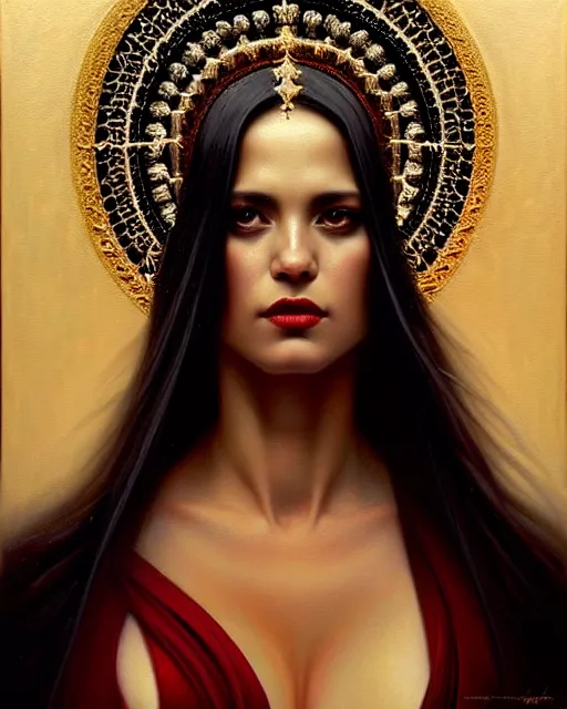Image similar to portrait of a beautiful goddess, enigmatic beauty, dominant shades of black, gold silver, dark red, white, head in focus, ornamental aesthetics, intricate, elegant, highly detailed, hyperrealistiic painting, artstation, concept art, painterly, sharp focus, illustration, art by karol bak
