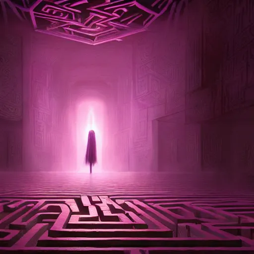 Prompt: a ultradetailed beautiful concept art of a vision of the unconscious maze, a place existing inside the collective unconscious, filled with dreams and hope of humanity, dramatic lighting, dynamic lighting, cinematic lighting, purple color scheme, concept art, high resolution 4 k, by greg rutkowski, charlie bowater and artgeem