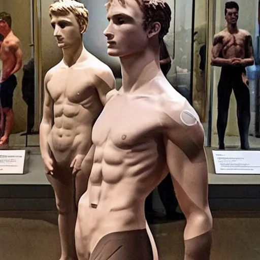 Prompt: “a realistic detailed photo of a guy who is an attractive humanoid who is half robot and half humanoid, who is a male android, British diver Jack Laugher & Chris Mears, shiny skin, posing like a statue, blank stare, at the museum, on display”