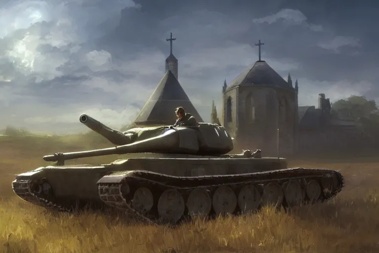 Image similar to concept art of a church combined with a tank in an open field, key visual, ambient lighting, highly detailed, digital painting, artstation, concept art, sharp focus, by makoto shinkai and akihiko yoshida and greg manchess