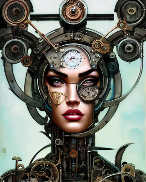 Prompt: Megan Fox clockwork robotic machinery portrait, metallic beauty, peter mohrbacher, artgerm