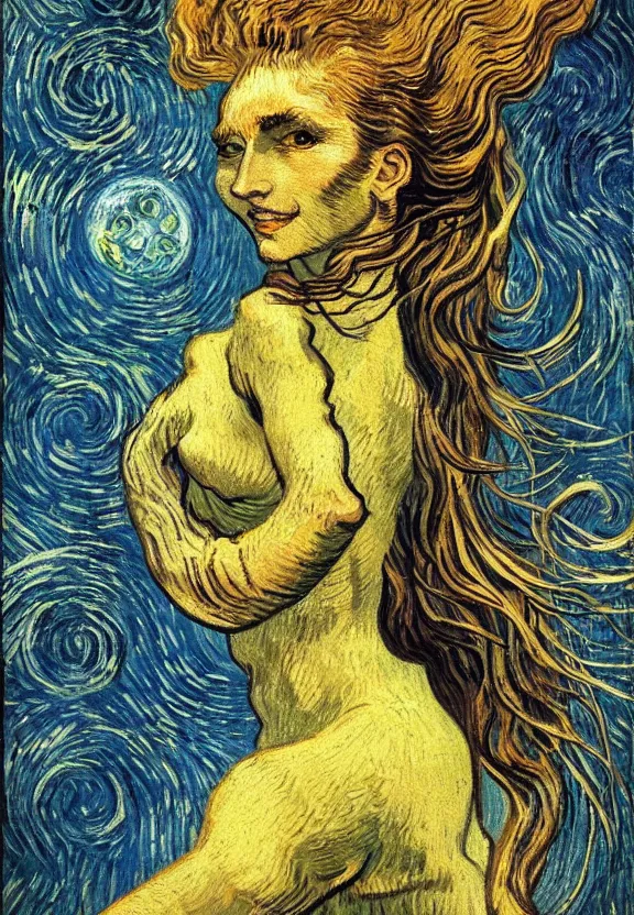 Image similar to perfectly centered portrait front view of a beautiful biomechanical moon goddess, flowing hair, intense stare, sweet sarcastic smile, symmetrical, concept art, intricate detail, volumetric shadows and lighting, realistic oil painting by van gogh, gustave dore,