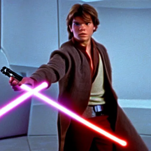 Image similar to A full color still from a film of a teenage Han Solo as a Jedi padawan holding a lightsaber hilt, very cohesive, from The Phantom Menace, directed by Steven Spielberg, 35mm 1990